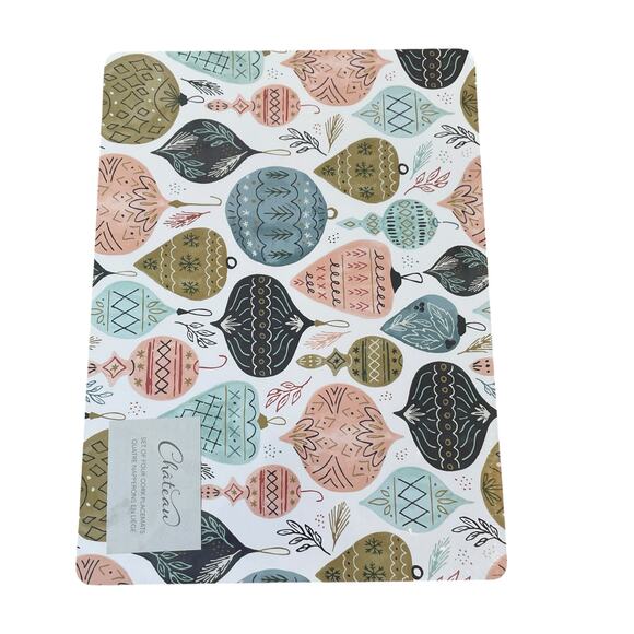 CHATEAU Christmas Ornament Cork Backed Hard Placemats 12x16 Set of 4 Holiday New - Picture 12 of 16